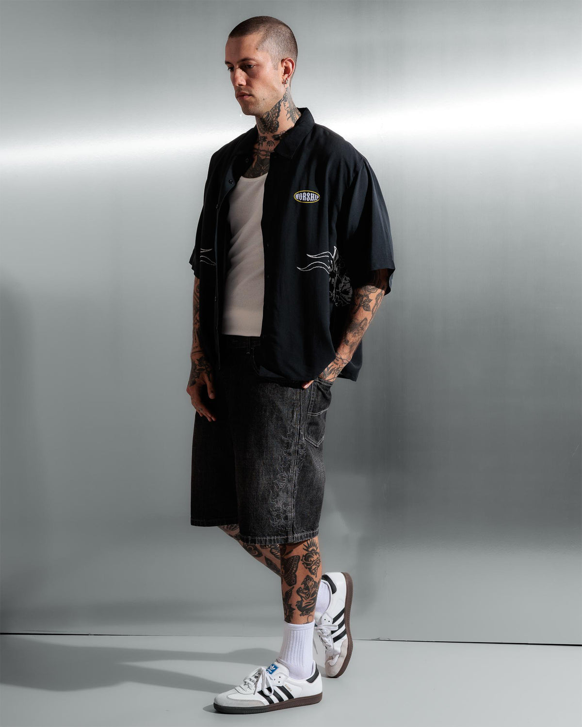 TROPICAL HEAT CROP BOWLING SHIRT BLACK