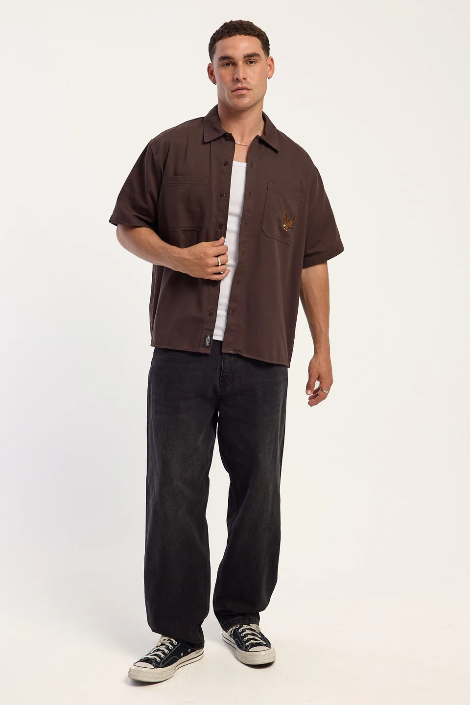 SEEN & HEARD CROPPED SHORT SLEEVE WORK SHIRT POSTAL BROWN
