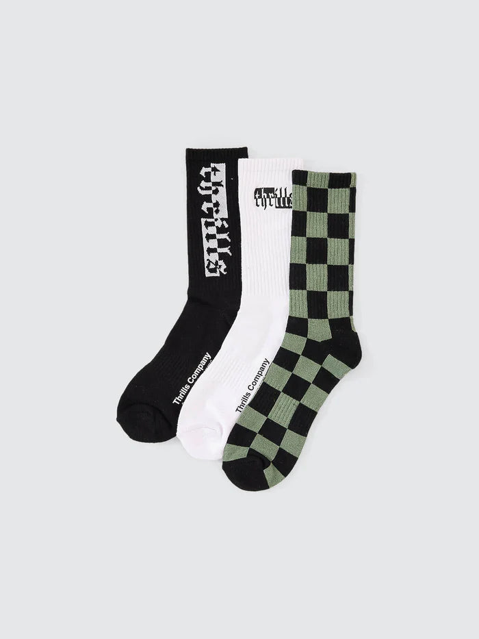 EXCITEMENT EXCITEMENT 3PK SOCK WHITE BLACK BERYL GREEN CHECKS